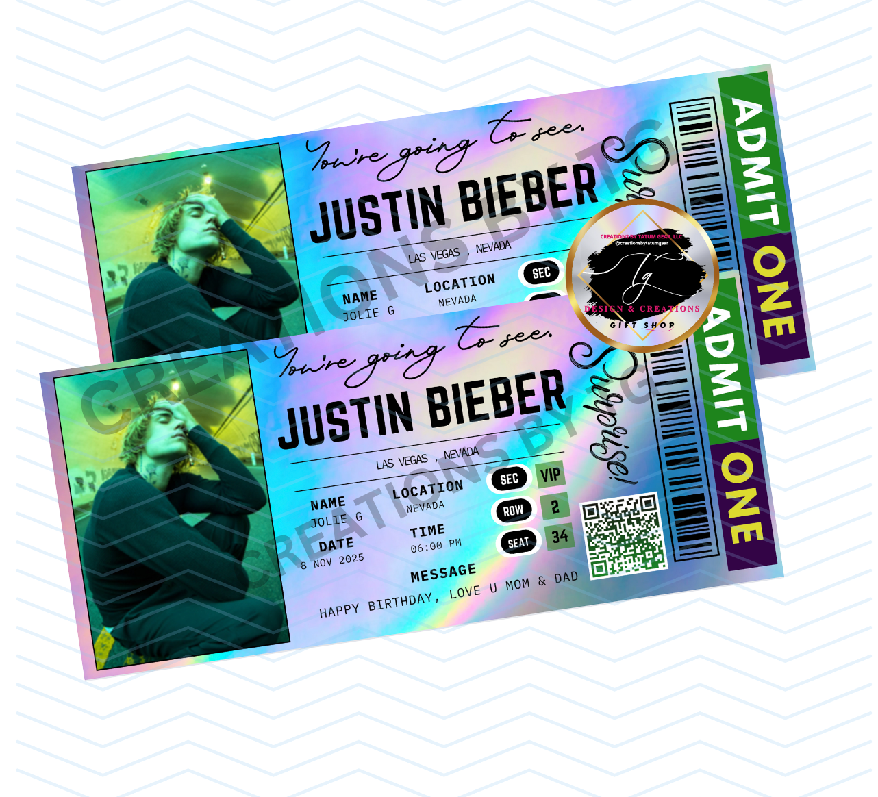 Holographic Concert Surprise Ticket – Justin Bieber Style or Any Artist