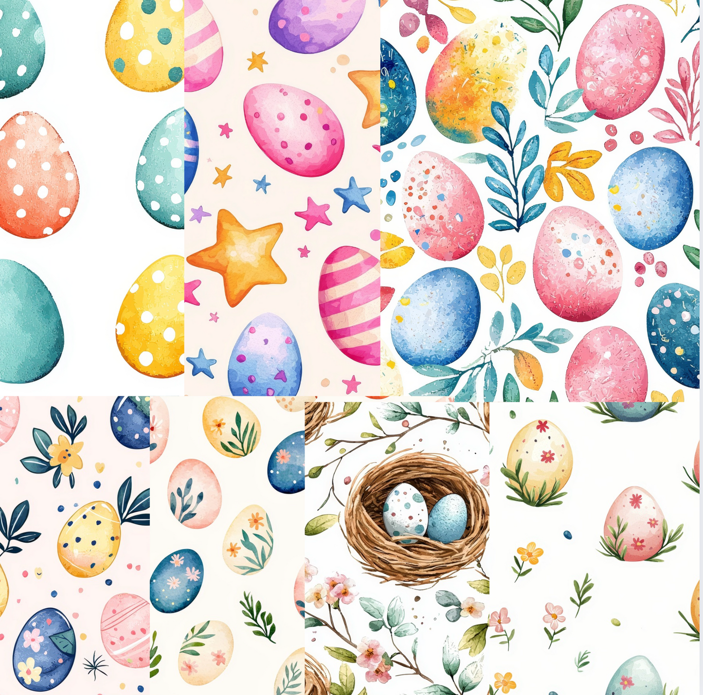 100 Watercolor Easter Eggs Digital Papers – Seamless Spring Pattern Bundle (300 DPI)