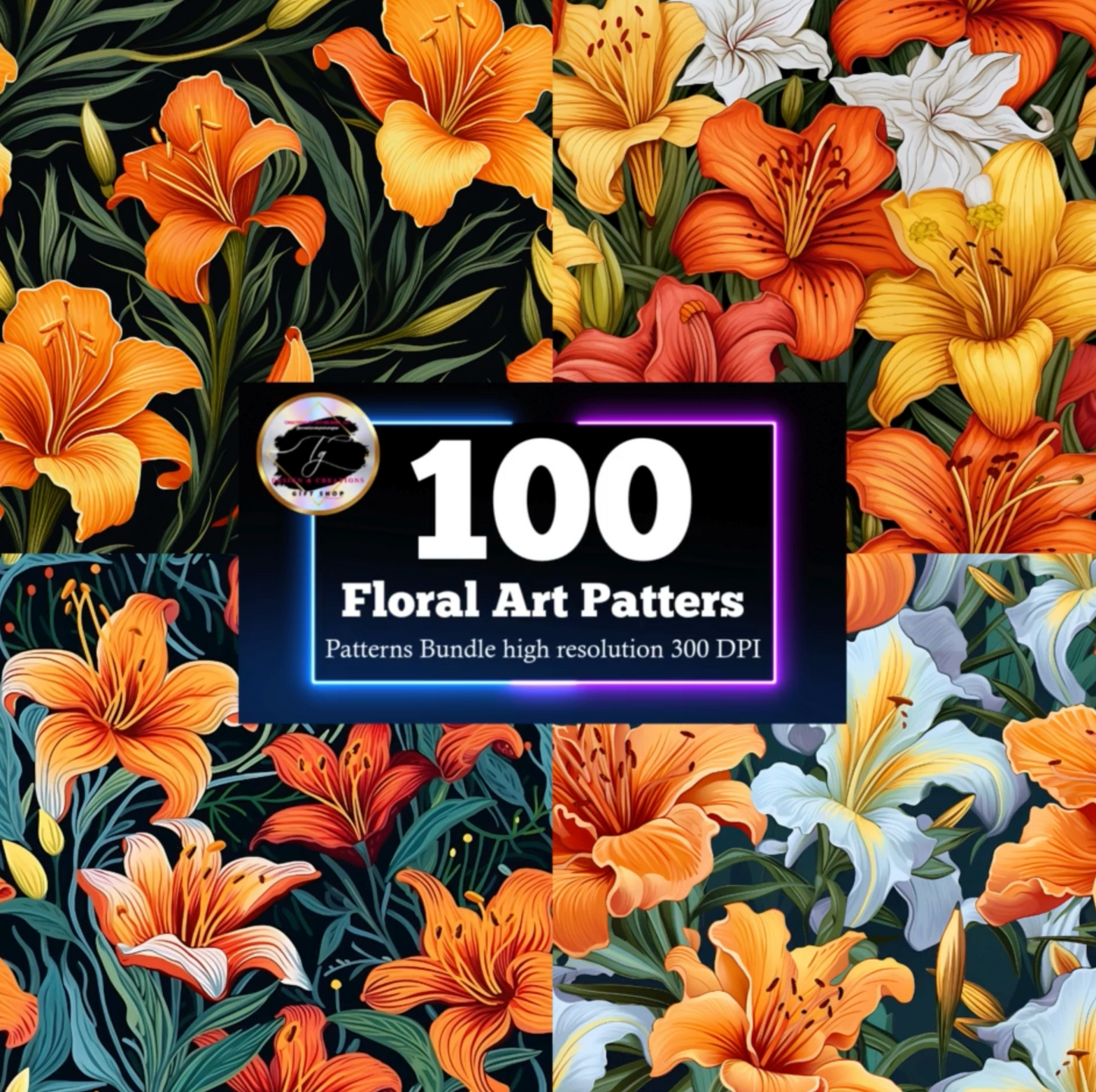100 Floral Digital Papers – Seamless Pattern Bundle (300 DPI, High-Res JPG)