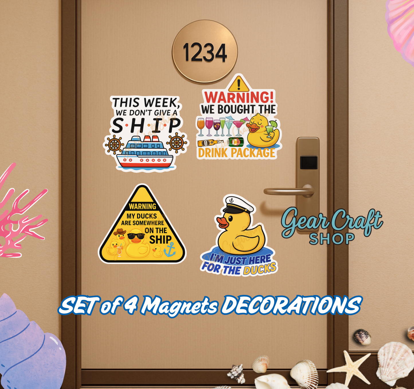 Funny Cruise Door Magnet Set – 4 Hilarious quotes & ducks Decorations Magnets