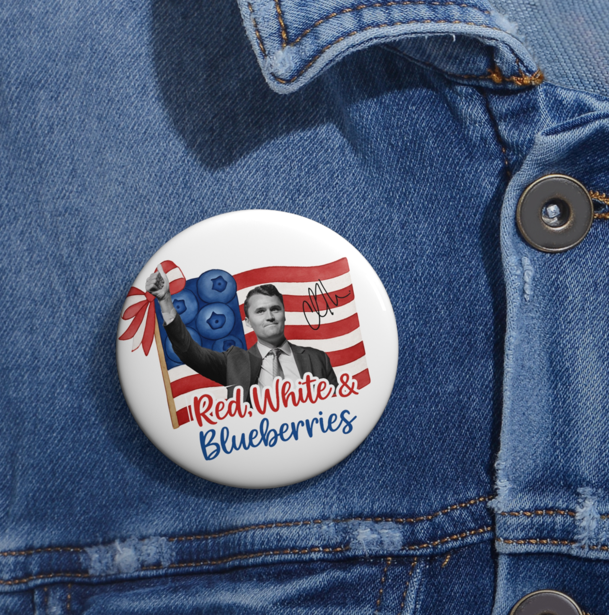 Set of 2 Patriotic Pins Buttons, Red , White , Blueberries 2.25"