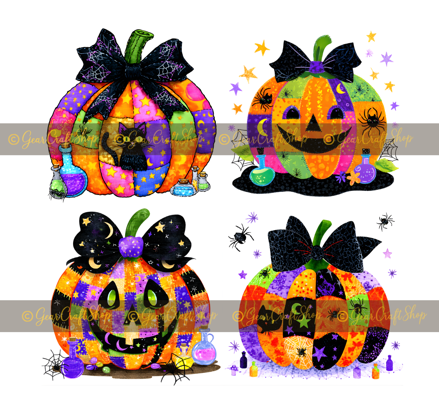 Pumpkin art vibrant clipart style,Set β 4 Fall Designs