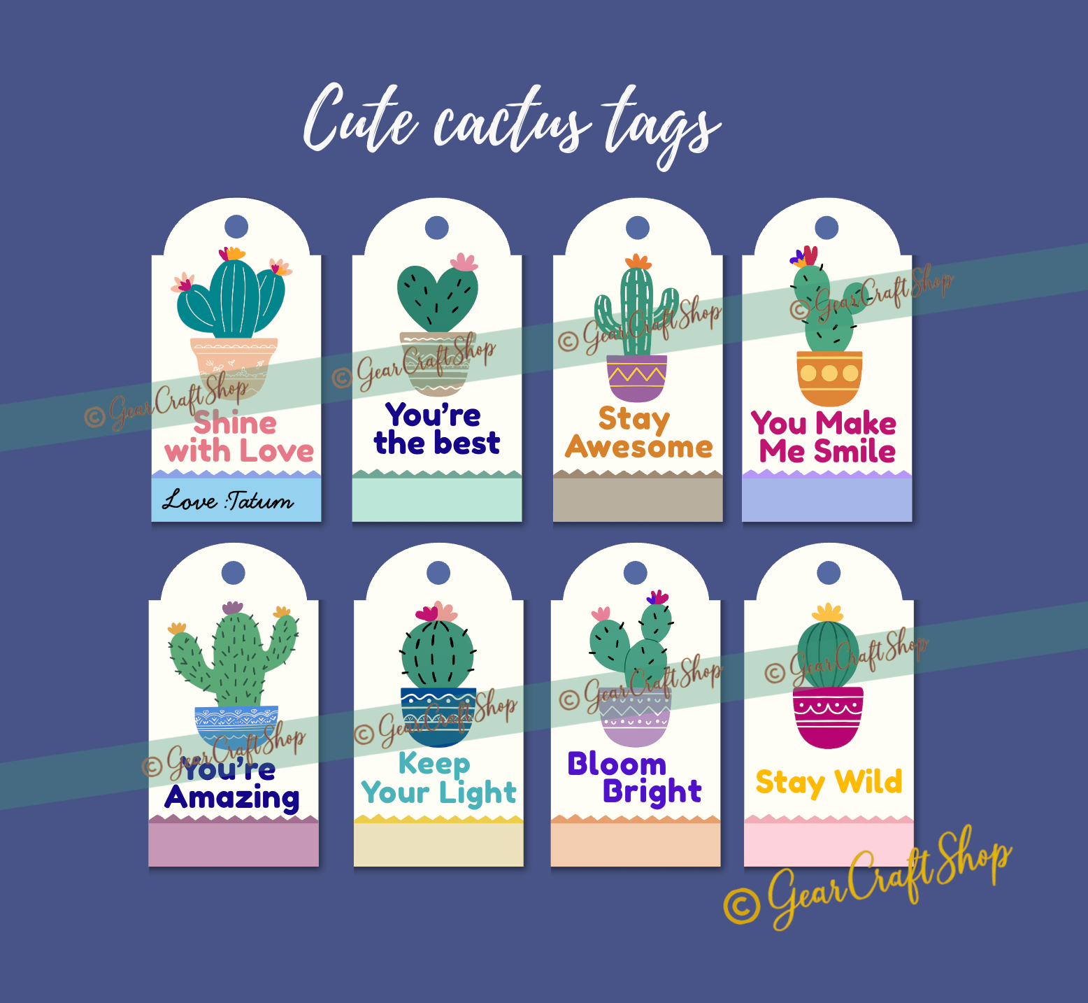 Cute Cactus Tags β Positive Quote Set (8 Designs)