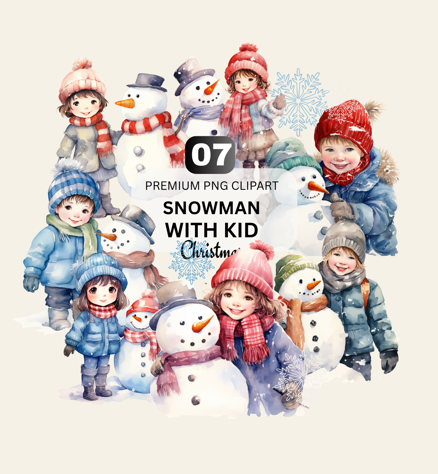 Cute Snowman+kids Christmas Clipart Bundle | 07 PNG Files