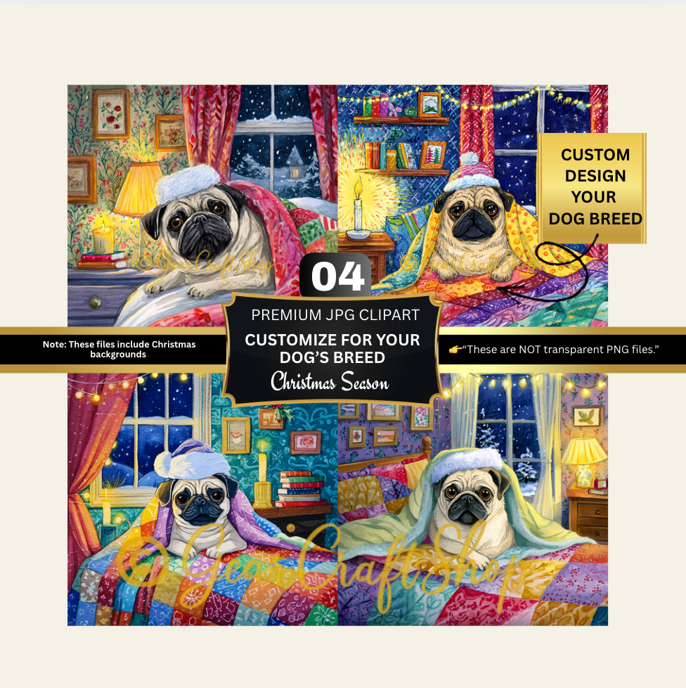 Custom Pug Christmas 4 Clipart | Cozy Dog Breed Art Bundle