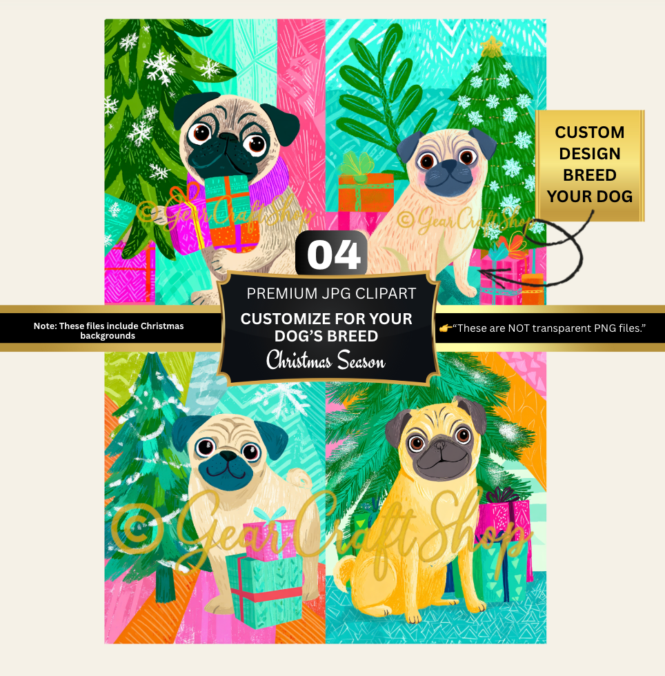 Custom pug Christmas 4 Clipart | Cozy Dog Breed Art Bundle