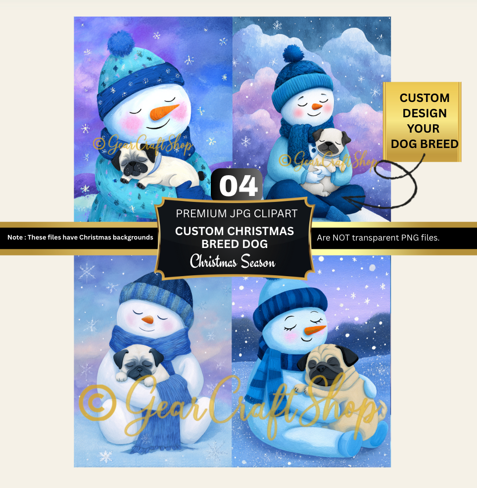 Custom Pug Christmas 4 Clipart | snowman + Dog Breed Art Bundle