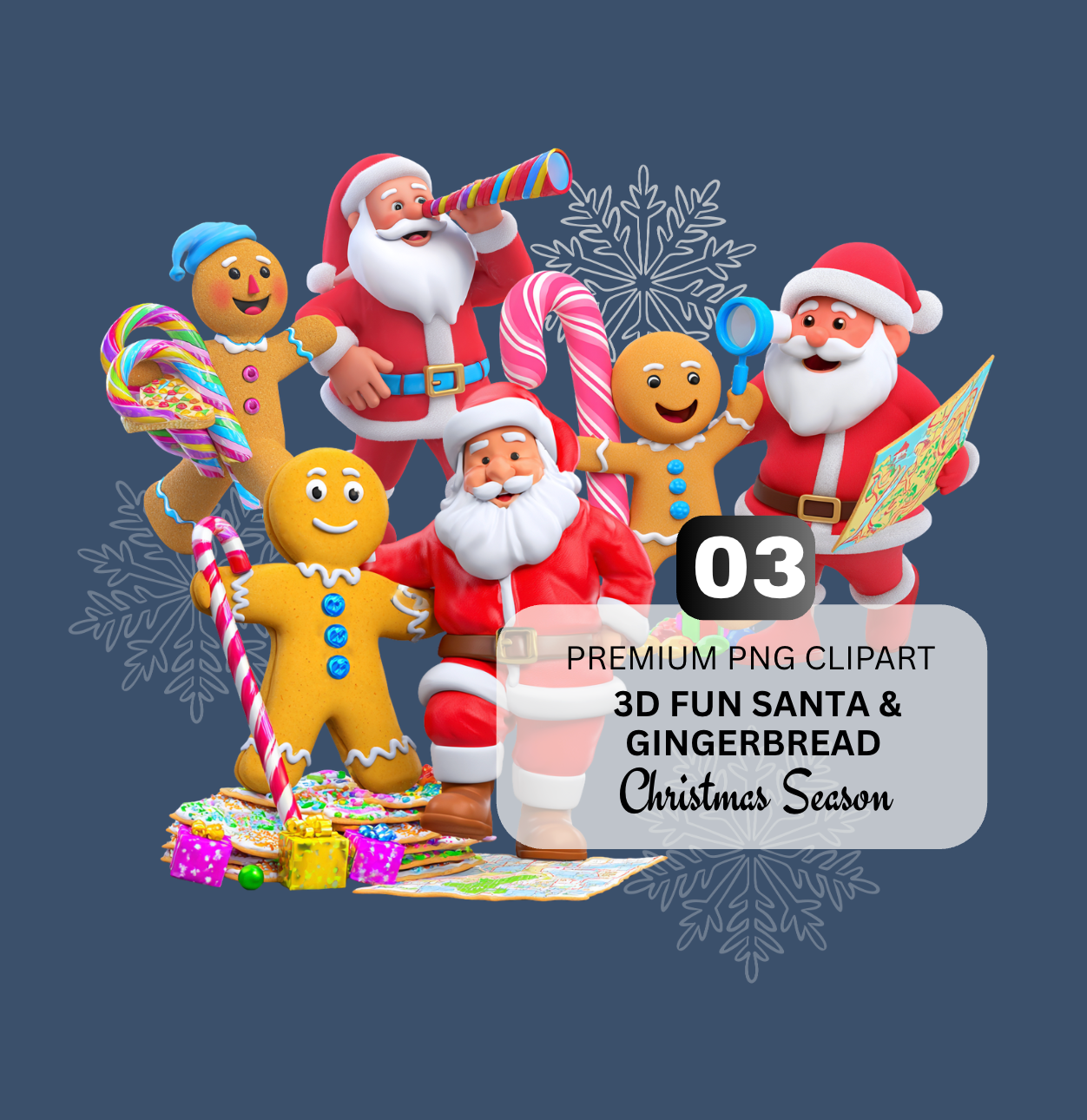 3D FUN SANTA & GINGERBREAD - Christmas Clipart | 03 PNG Files