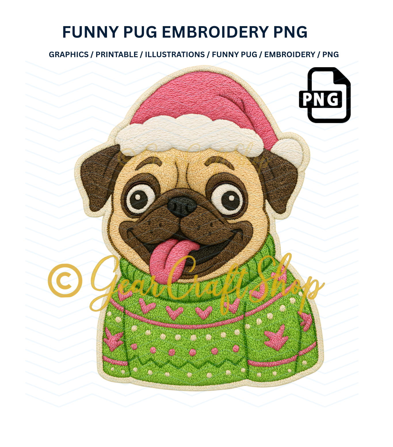 Funny Pug Embroidery Art - Christmas PNG File