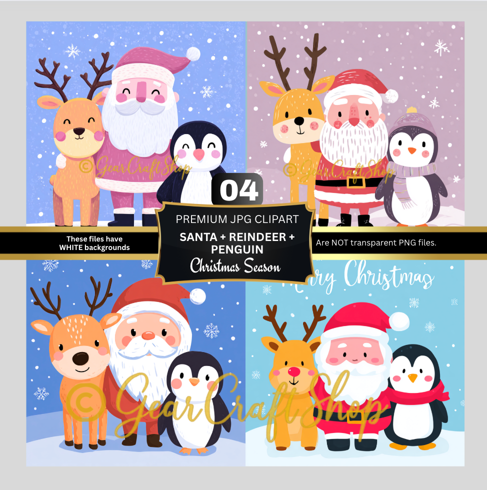 Cute santa + reindeer + penguin 4 Clipart | JPG Bundle File
