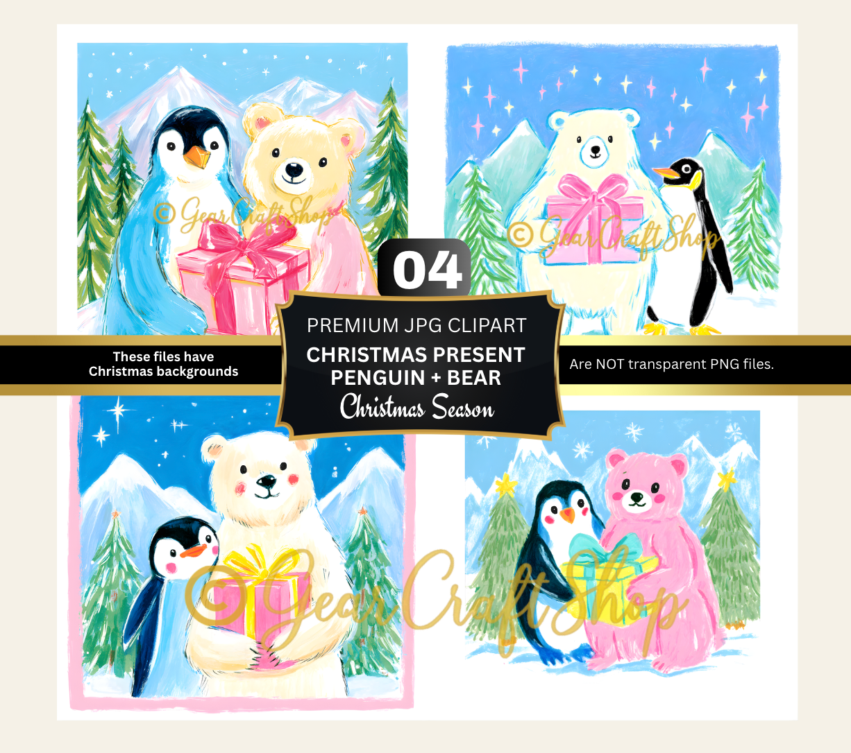 Christmas present penguin + bear 4 Clipart | JPG Bundle File