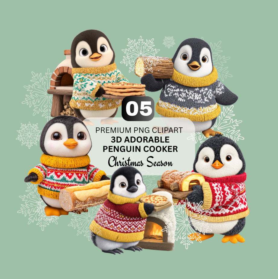 3D adorable penguin Cooker - Christmas Clipart | Set of 05 - PNG Files