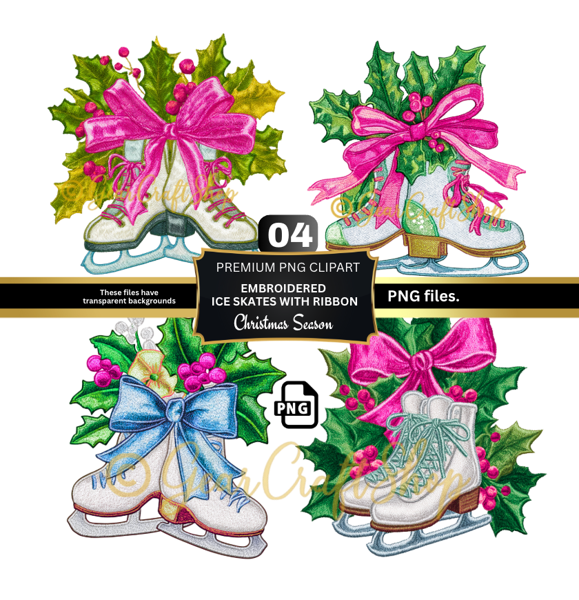 Embroidered ice skates with ribbon- Set Clipart | 04 PNG Files