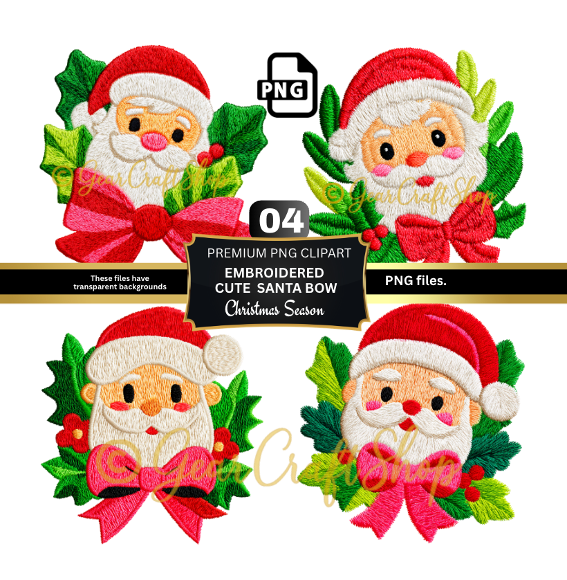embroidered Cute SANTA Bow - Set Clipart | 04 PNG Files