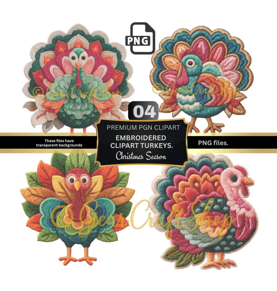 Turkeys. Embroidery - Set Clipart | 04 PNG Files