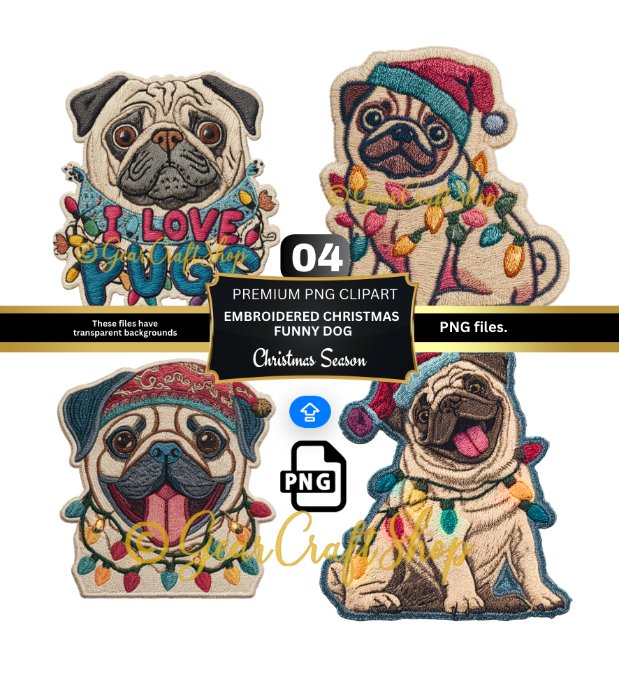 Adorable pug Embroidery - Christmas Clipart | 04 PNG Files