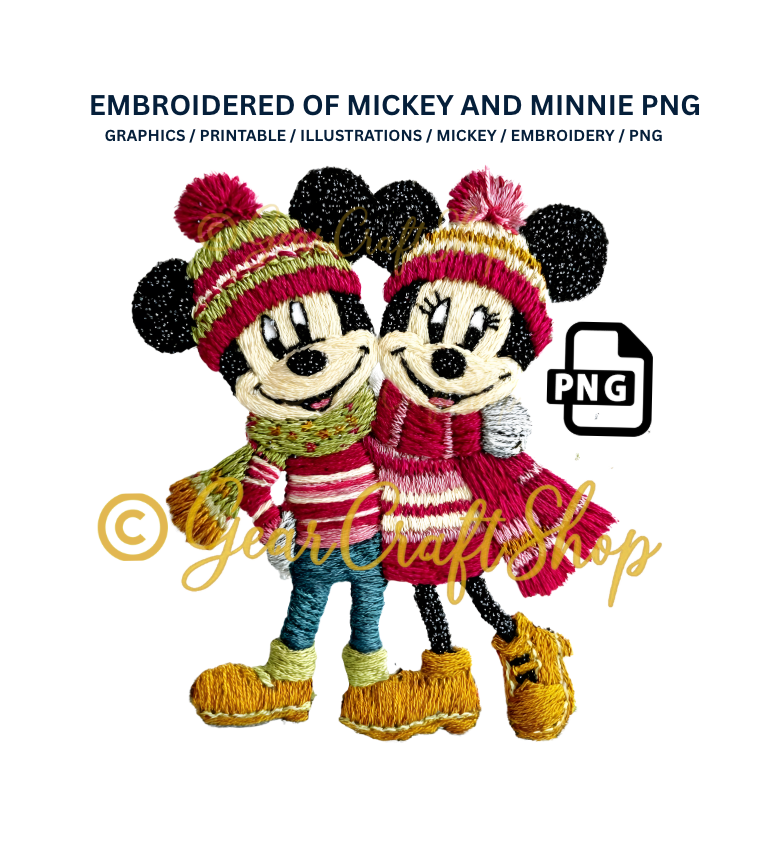 Mickey and Minnie Embroidery Art - Christmas Clipart | PNG File