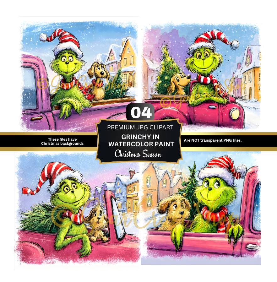 Grinchy in watercolor paint 4 Clipart | JPG Bundle File