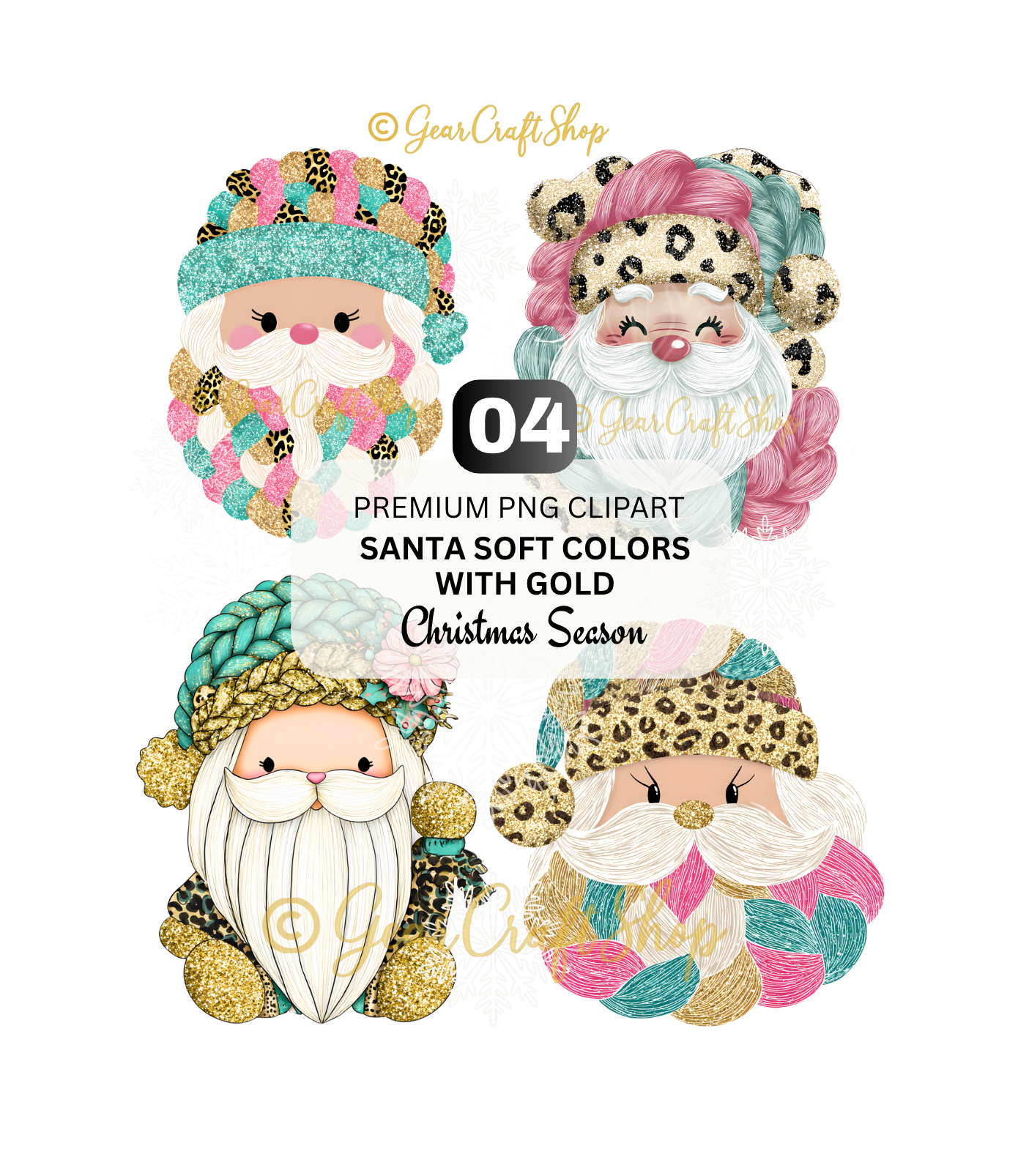 Adorable Santa soft colors with gold - Christmas Clipart | Set of 04 - PNG Files