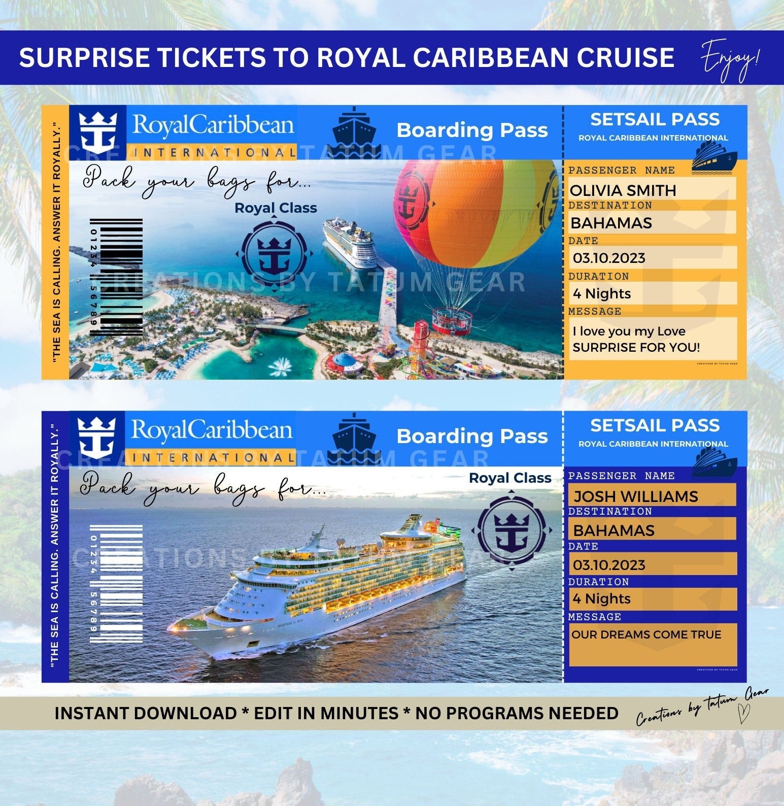 Royal Caribbean Cruise Printable Tickets Boarding Pass - Surprise Trip Ticket in munites