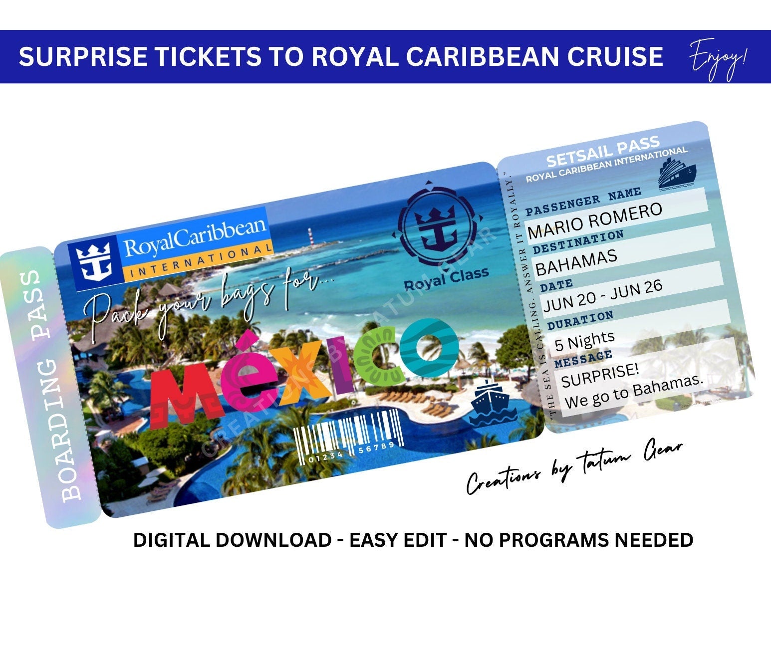 Royal Caribbean Cruise Printable Ticket Boarding Pass - Trip to MEXICO