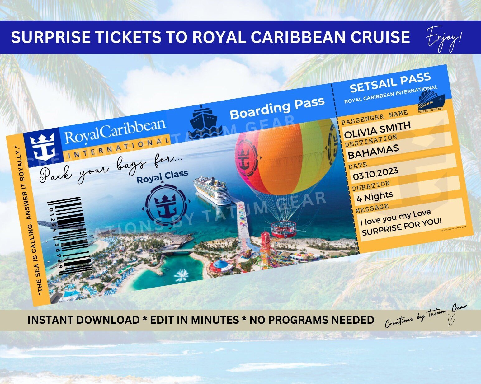 Royal Caribbean Cruise Printable Tickets Boarding Pass - Surprise Trip Ticket in munites