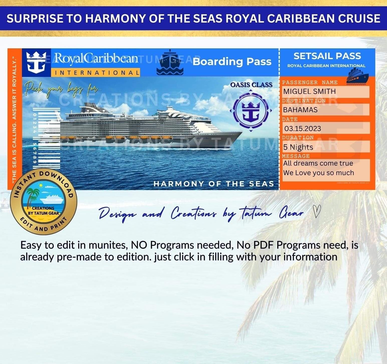 3 Royal Caribbean Cruise Printable Ticket "HARMONY of the SEAS" Surprise in Minutes