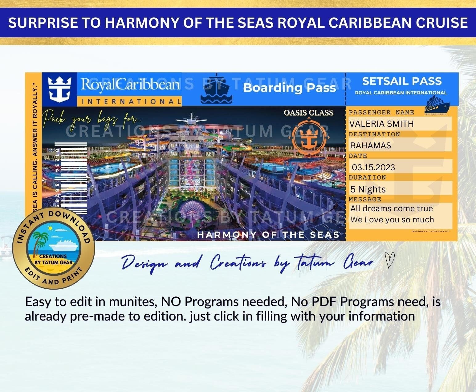 3 Royal Caribbean Cruise Printable Ticket "HARMONY of the SEAS" Surprise in Minutes
