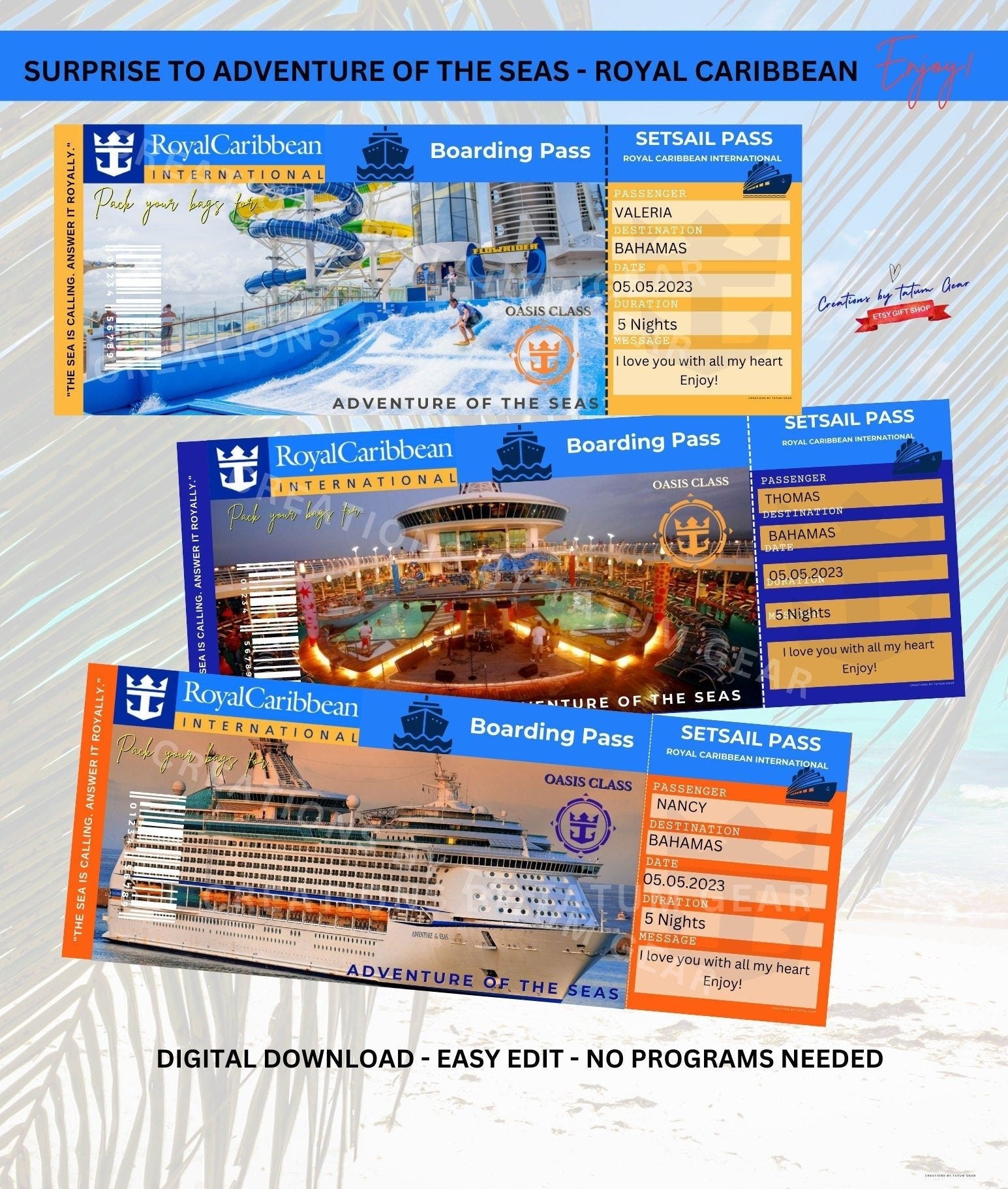 Royal Caribbean Cruise " Adventure of the Seas" Printable Tickets