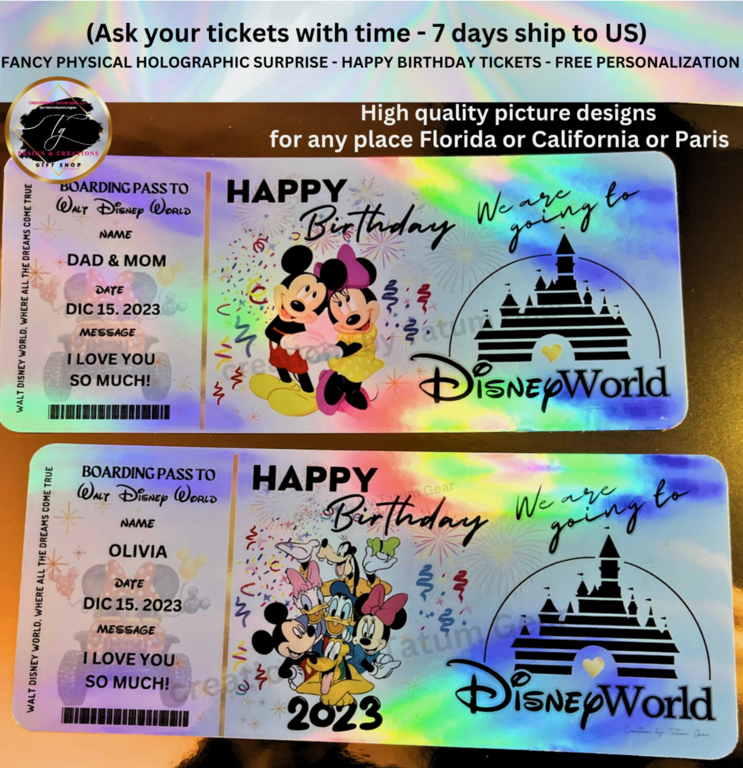Premium Holographic Birthday Surprise Ticket – Personalized Disney Reveal!