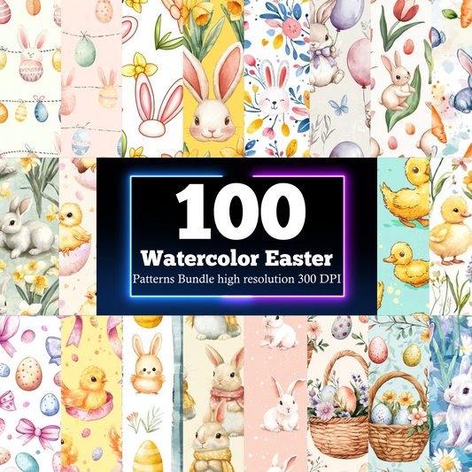 100 Watercolor Easter & Spring Patterns – Bunny & Floral Digital Paper Bundle (300 DPI)