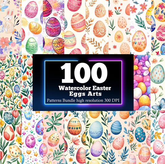 100 Watercolor Easter Eggs Digital Papers – Seamless Spring Pattern Bundle (300 DPI)