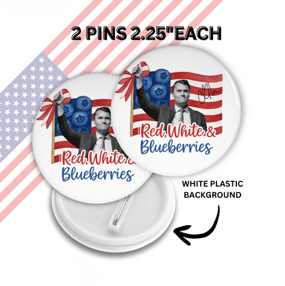 Set of 2 Patriotic Pins Buttons, Red , White , Blueberries 2.25"