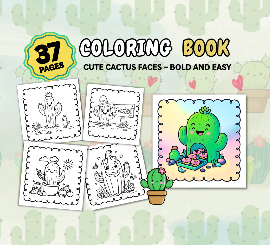 Cute Cactus Faces – Bold and Easy Coloring Book for Girls