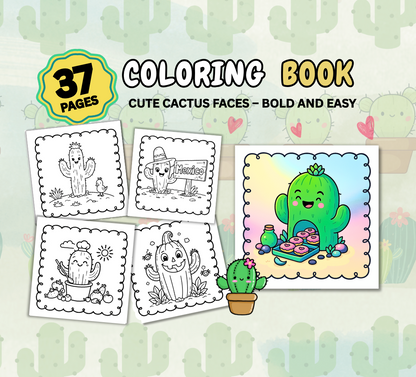 Cute Cactus Faces – Bold and Easy Coloring Book for Girls