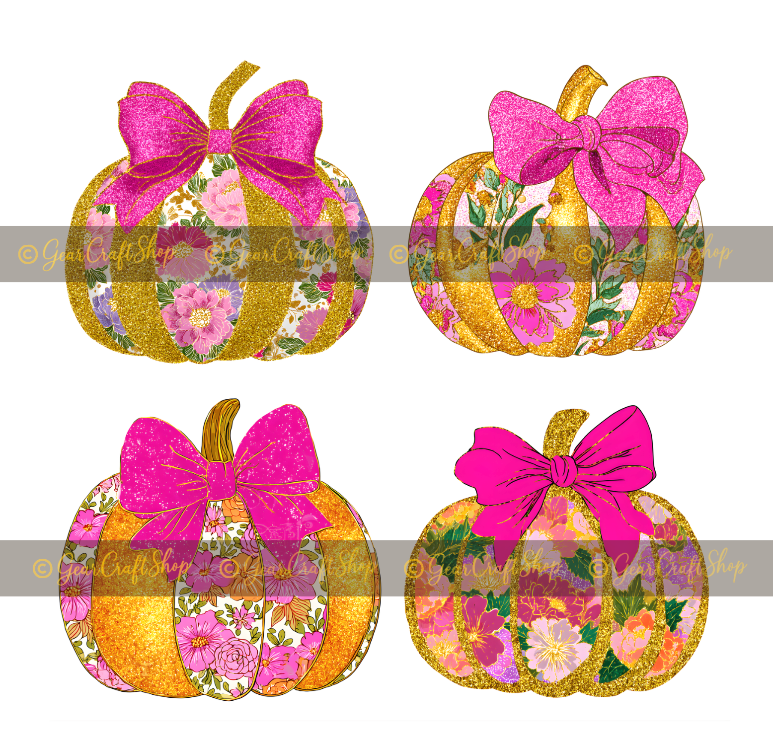 Vintage Bow Pink Glitter Pumpkin Clipart Set – 4 Fall Designs