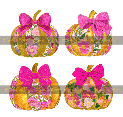 Vintage Bow Pink Glitter Pumpkin Clipart Set – 4 Fall Designs