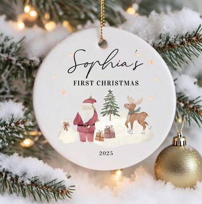 Custom Baby’s First Christmas Ornament 2025 – Watercolor Santa & Reindeer Design 🎄