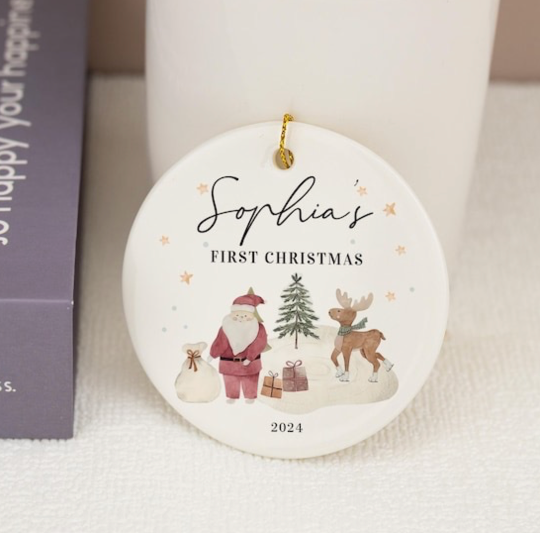 Custom Baby’s First Christmas Ornament 2025 – Watercolor Santa & Reindeer Design 🎄