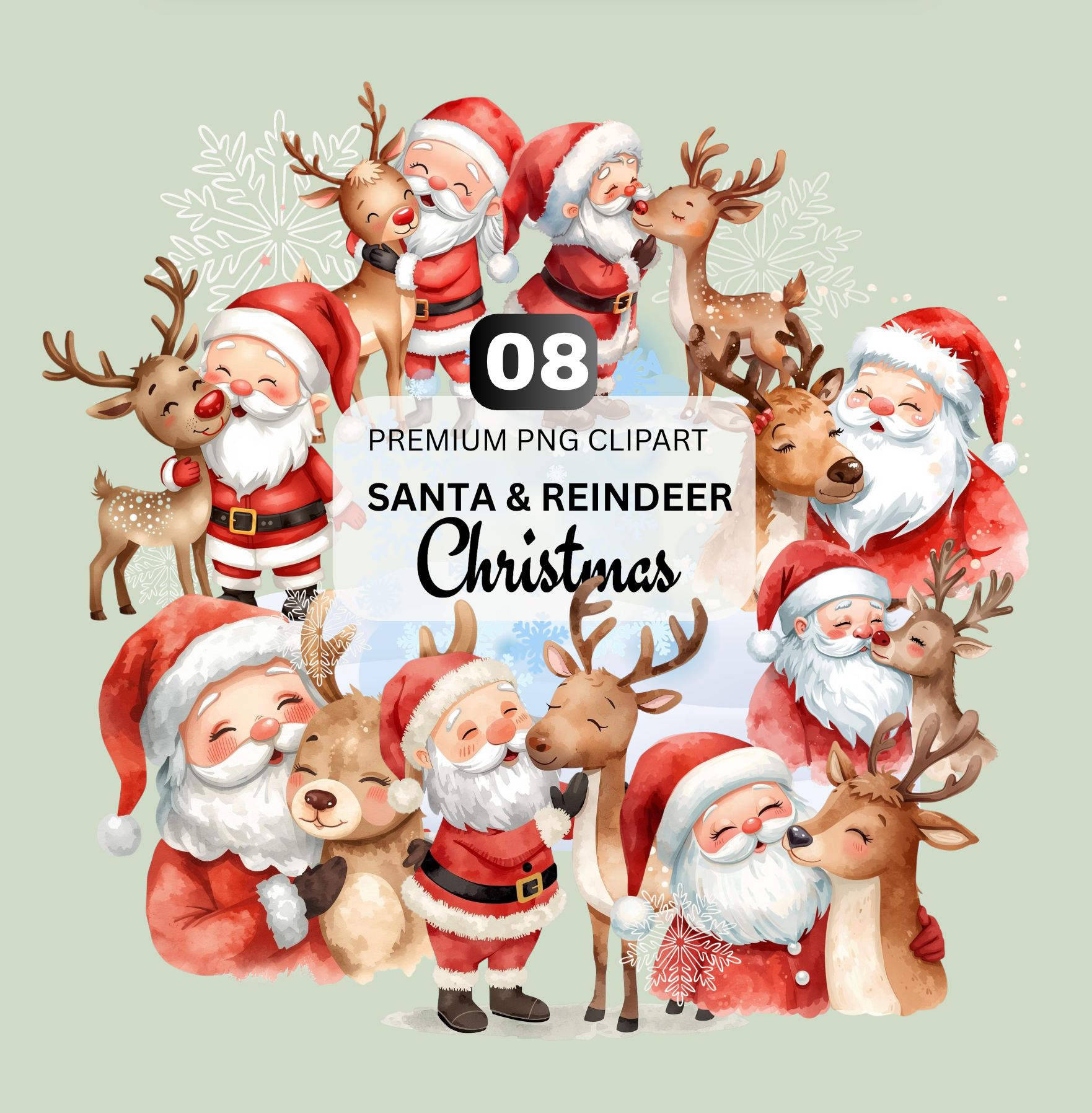 Cute Watercolor Santa & Reindeer Christmas Clipart Bundle | 08 PNG Files
