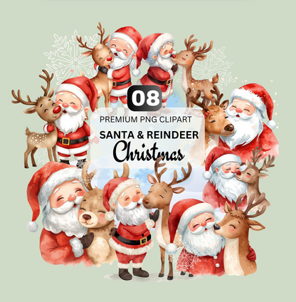 Cute Watercolor Santa & Reindeer Christmas Clipart Bundle | 08 PNG Files