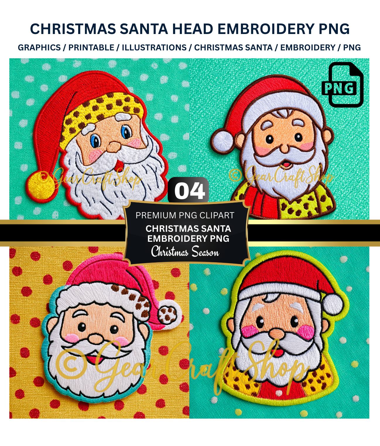 Santa head Embroidery Art - Christmas Clipart | 04 PNG Files