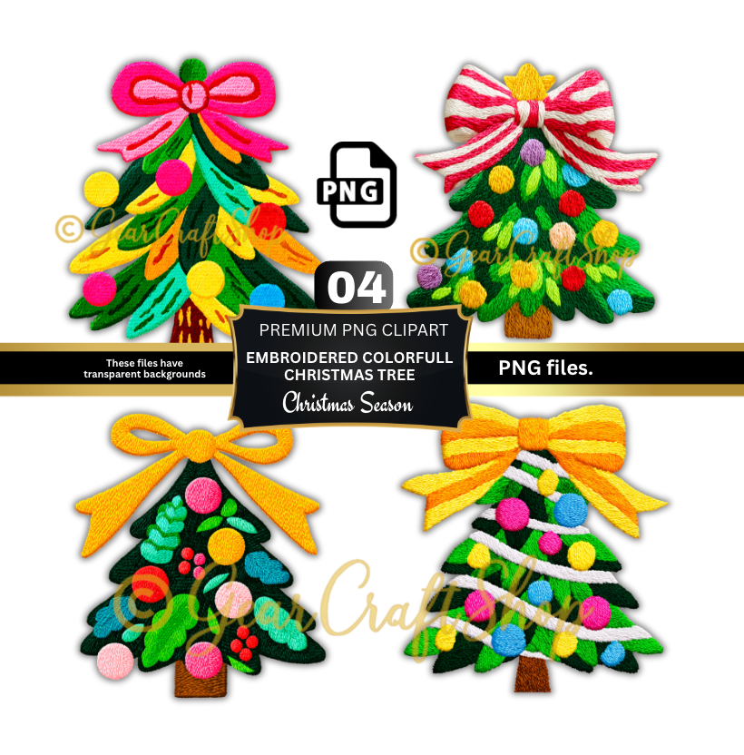 embroidered COLORFULL CHRISTMAS TREE- Set Clipart | 04 PNG Files