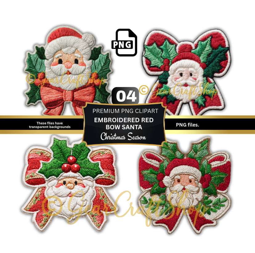 embroidered Red Bow Santa - Set Clipart | 04 PNG Files