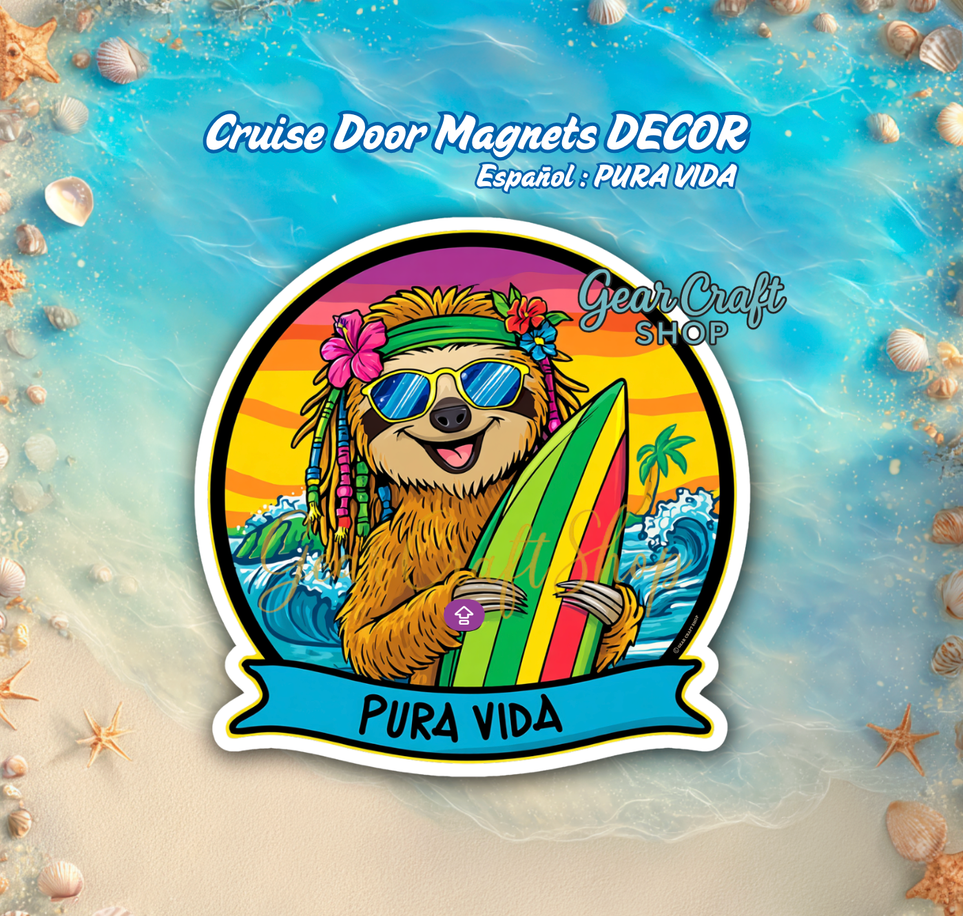 Pura Vida Sloth Magnet – Cute Surfing Sloth, Tropical Cruise Door Decor