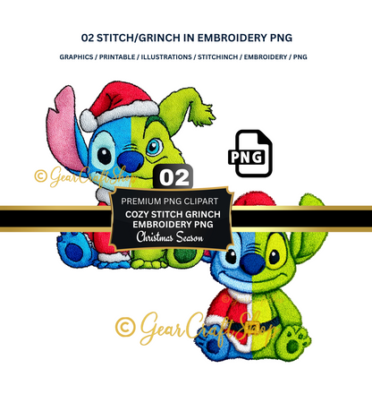 embroidered Cute Stitch/ Grinch - Set Clipart | 02 PNG Files