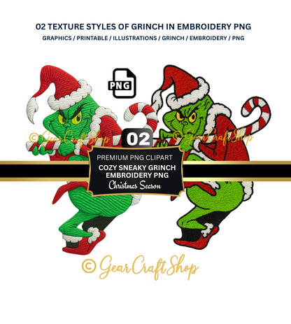 embroidered Cozy Sneaky Grinch - Set Clipart | 02 PNG Files