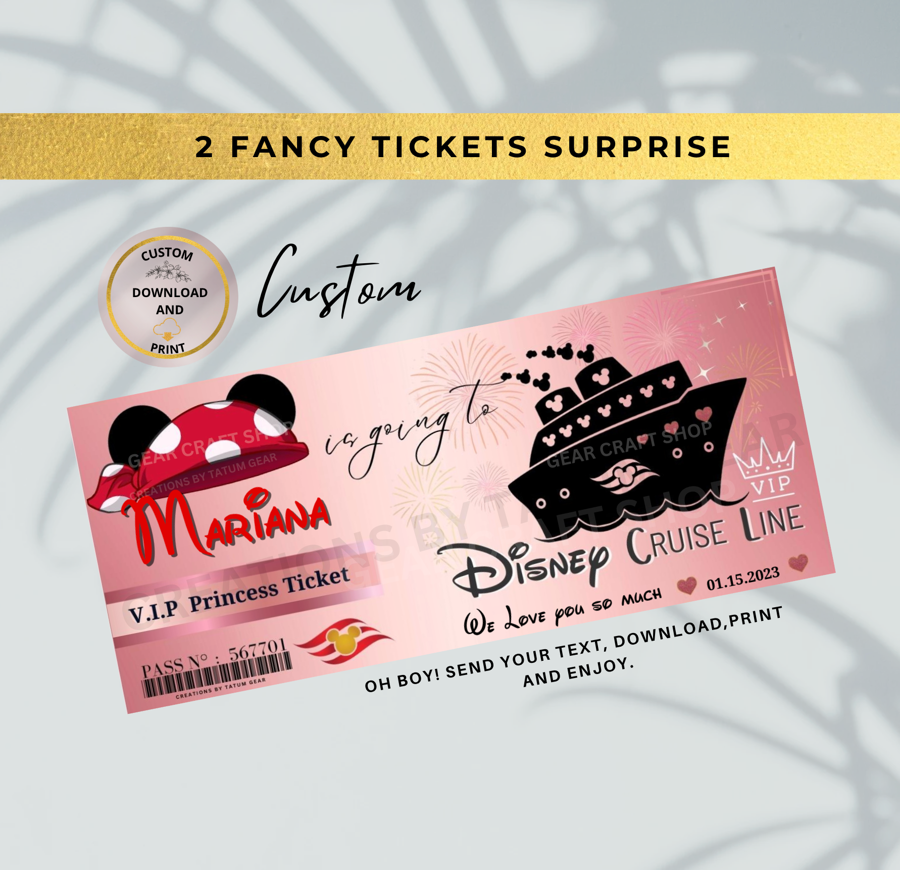 2 Printable Fancy  VIP  DisneyCruise Ticket, Custom Cruise Ship Boarding Pass