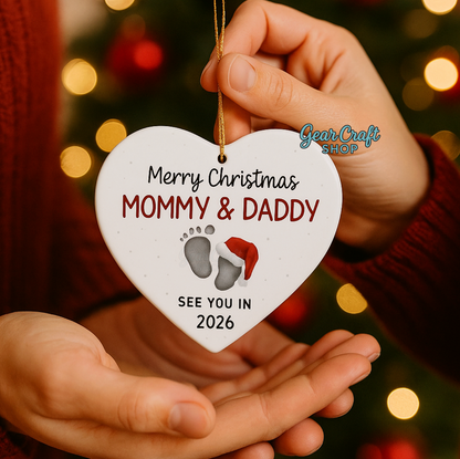 Personalized Heart Christmas Ornament - Pregnancy Announcement Baby Footprints