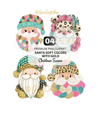 Adorable Santa soft colors with gold - Christmas Clipart | Set of 04 - PNG Files